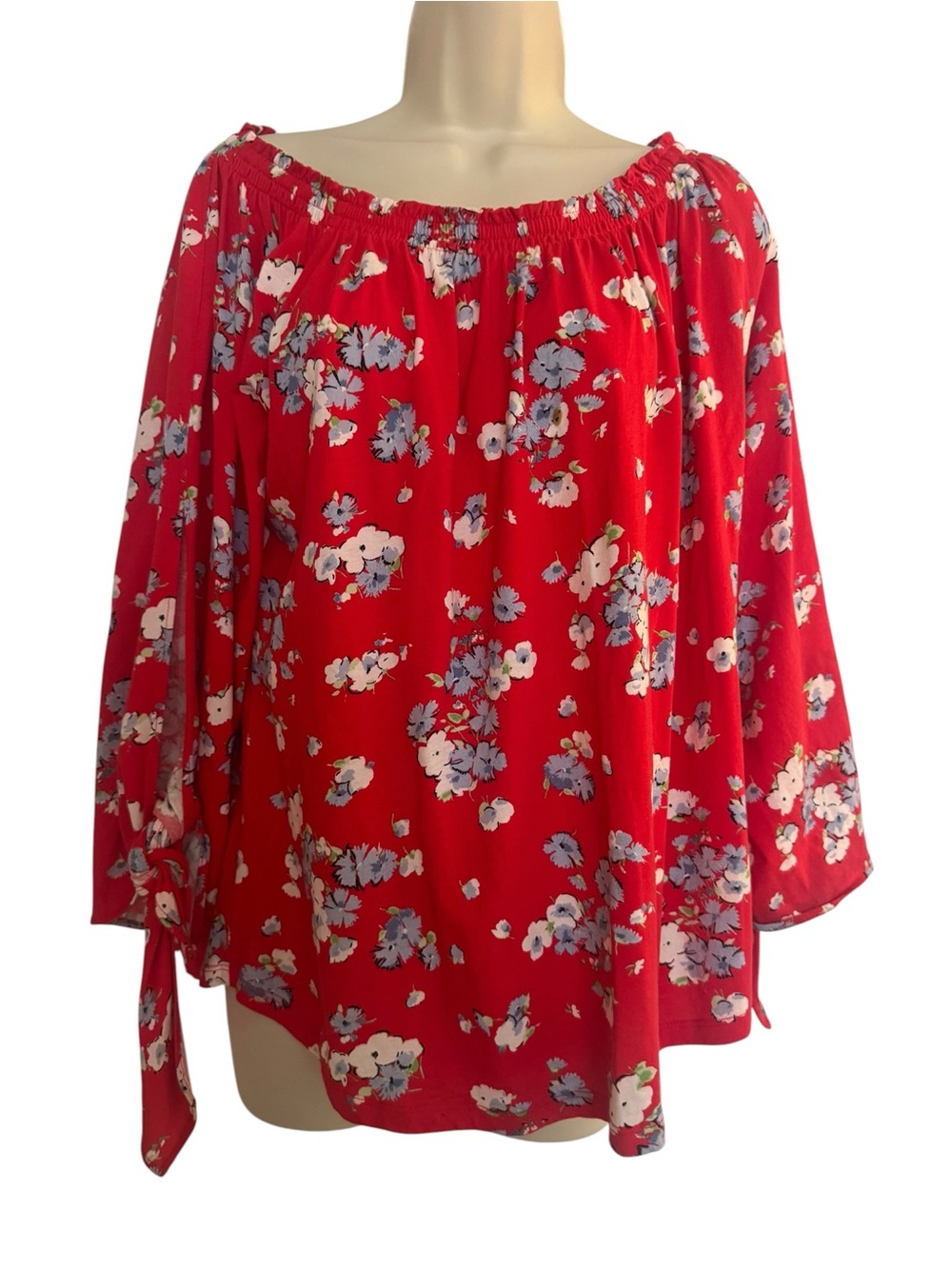 Lauren Ralph Lauren Women's Red Floral Print Top Tie Sleeves Sz XL